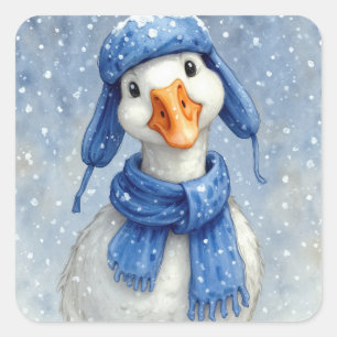 Aquarell Weiße Wintergans mit blauem Schal Quadratischer Aufkleber