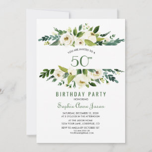Aquarell Weißer Blumenrahmen 50. Geburtstag Einladung