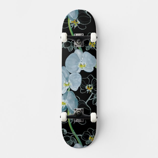 Aquarell-weißes Orchideen-Muster Skateboard (Vorderseite)