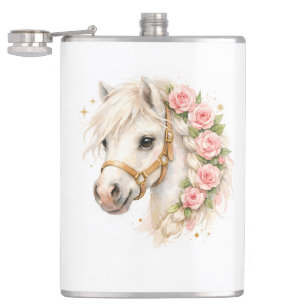 Aquarell Weißes Pferd Keramik-Flasche mit Rose Flachmann
