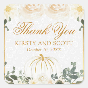 Aquarell Weißgold Floral Herbst Kürbis Hochzeit Quadratischer Aufkleber