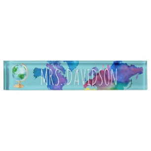 Aquarell-Weltkarte Nameplate Namensplakette