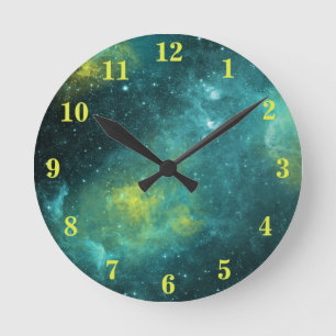 Aquarell-Weltraum-Universum-Stern-Nebel-Gelb Runde Wanduhr