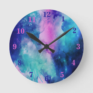 Aquarell-Weltraum-Universum-Stern-Nebel Rosa Blau Runde Wanduhr