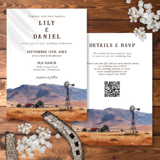 Aquarell Western Mountain Ranch QR Code Hochzeit Einladung (Watercolor Western Mountain Ranch QR Code Wedding Invitation)