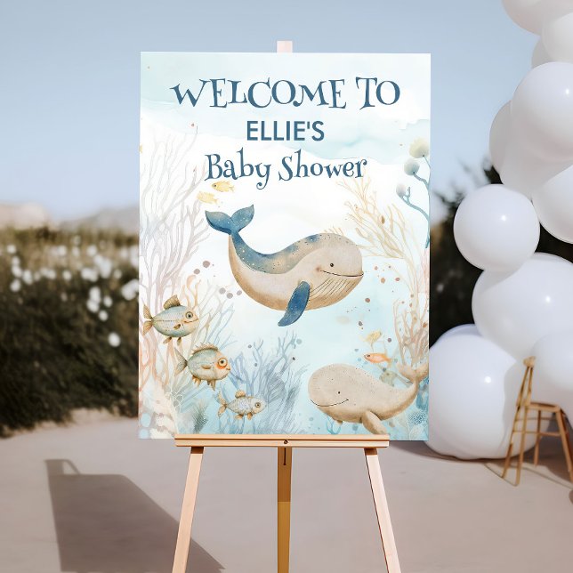 Aquarell Whale Babydusche unter dem Meer Willkomme Poster (Welcome poster from the Whale Baby Shower Collection by Darling & May)