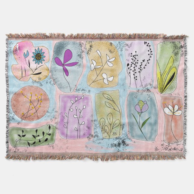 Aquarell-whimsische Blumen-Strichzeichnung-Wurfdec Decke (Vorderseite)