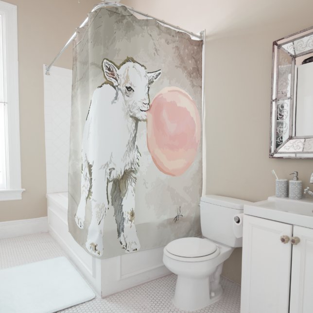 Aquarell White Baby Goat mit Bubblegum Duschvorhang (Beispiel)