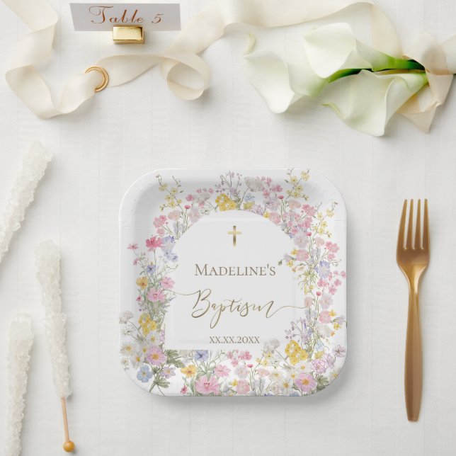 Aquarell Wiesenblumen Taufe Pappteller (Hochzeit)