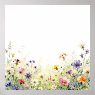 Aquarell-Wiesenrand mit Pastellfarbenen Blumen Poster