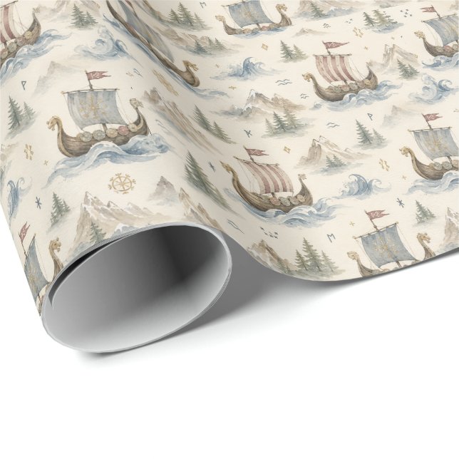 Aquarell Wikinger-Schiff Geschenkpapier (Rolleneckpunkt)