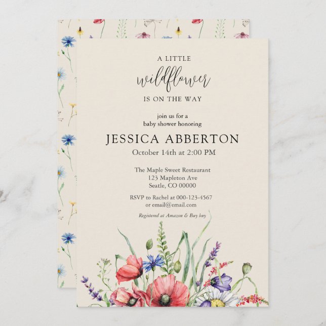 Aquarell Wildblume Babydusche Einladung (Vorne/Hinten)