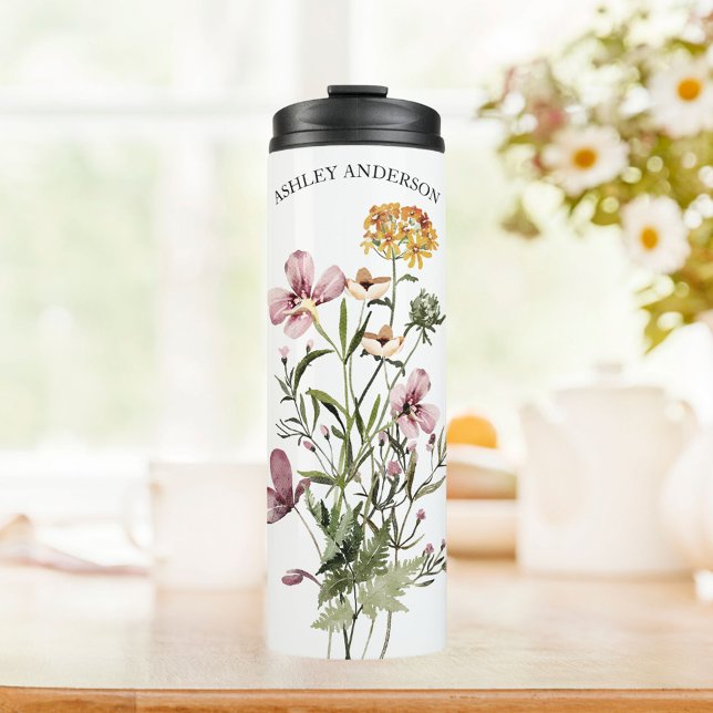 Aquarell Wildblume Bouquet #1 Personalisierter Nam Thermosbecher (In situ)