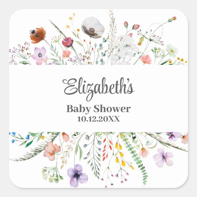 Aquarell-Wildblume Meadow Baby-Dusche Quadratischer Aufkleber (Vorderseite)