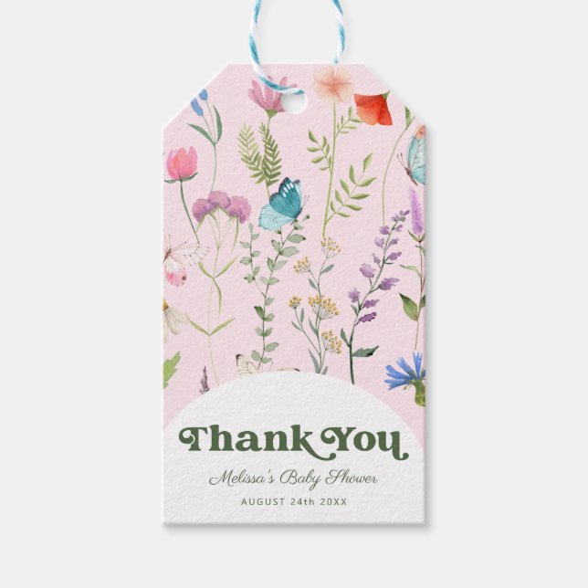 Aquarell Wildblume Pink Babydusche Danke Geschenkanhänger (Vorderseite)