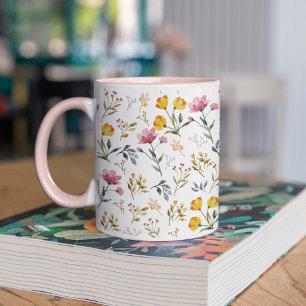 Aquarell-Wildblume Weiß Rosa Tasse