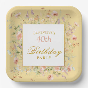 Aquarell-Wildblumen 40. Gelber Geburtstag Pappteller