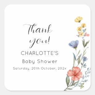 Aquarell-Wildblumen-Baby-Party Quadratischer Aufkleber