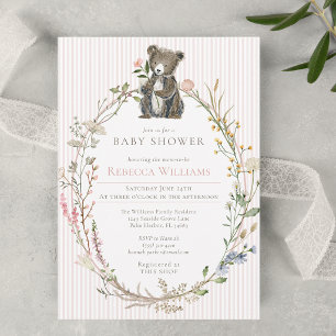 Aquarell-Wildblumen-Baby-Party Wald-Bär Einladung