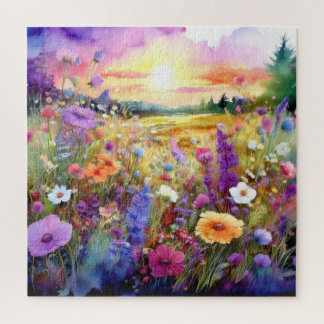 Aquarell: Wildblumen bei Sonnenuntergang Puzzle