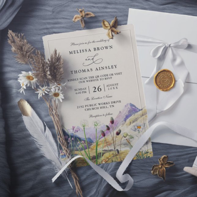 Aquarell-Wildblumen-Berg-QR-Code-Hochzeit Einladung (Von Creator hochgeladen)