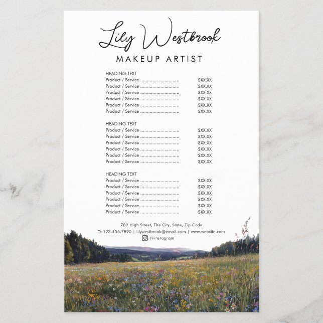 Aquarell-Wildblumen-Blumenskript-Service-Menü Flyer (Vorne)