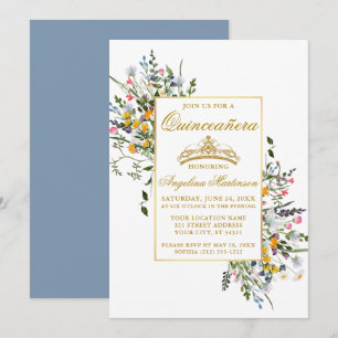 Aquarell-Wildblumen Dusty Blue Quinceanera Einladung