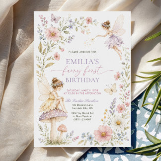 Aquarell-Wildblumen-Fee Erste 1. Geburtstag Einladung