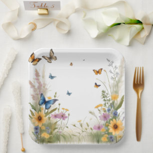 Aquarell-Wildblumen Gräser Und Schmetterlinge, Pappteller