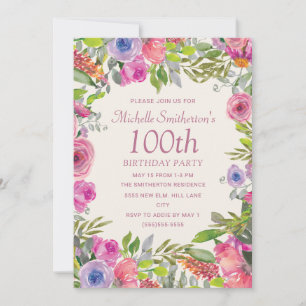 Aquarell-Wildblumen in Rosa und Lila zum 100. Gebu Einladung