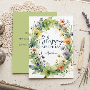 Aquarell-Wildblumen-Kranz Botanischer Geburtstag Karte