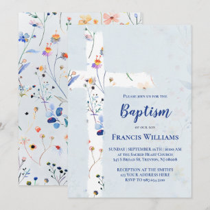 Aquarell-Wildblumen Kreuz Taufe Einladung