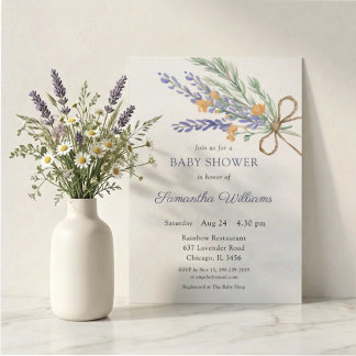 Aquarell-Wildblumen-Lavendel-Baby-Party Einladung
