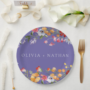 Aquarell-Wildblumen-Lila-Hochzeit Pappteller