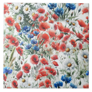 Aquarell-Wildblumen-Mohn-Gänseblümchen-Keramikflie Fliese