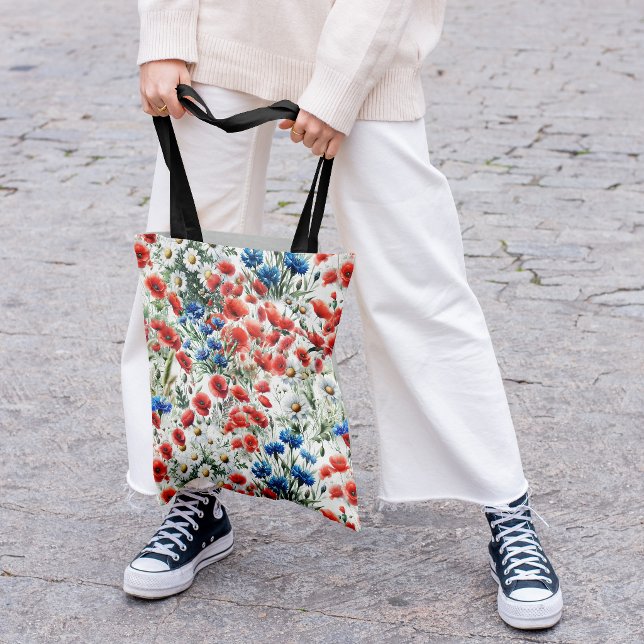 Aquarell-Wildblumen-Mohn-Gänseblümchen-Tragetasche (Tote)