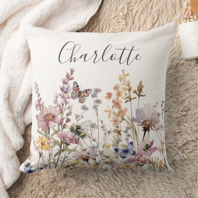 Aquarell-Wildblumen-Monogramm-Name  Kissen (Decke)