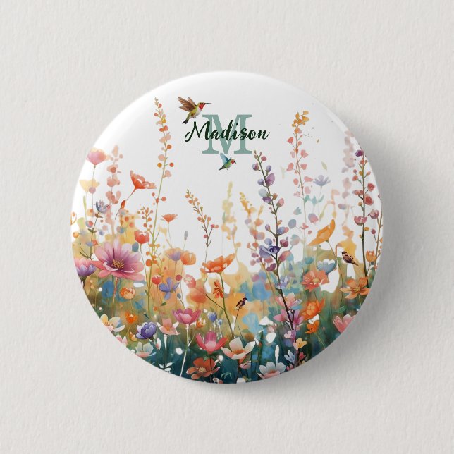 Aquarell-Wildblumen-Monogramm Personalisierter Nam Button (Vorderseite)