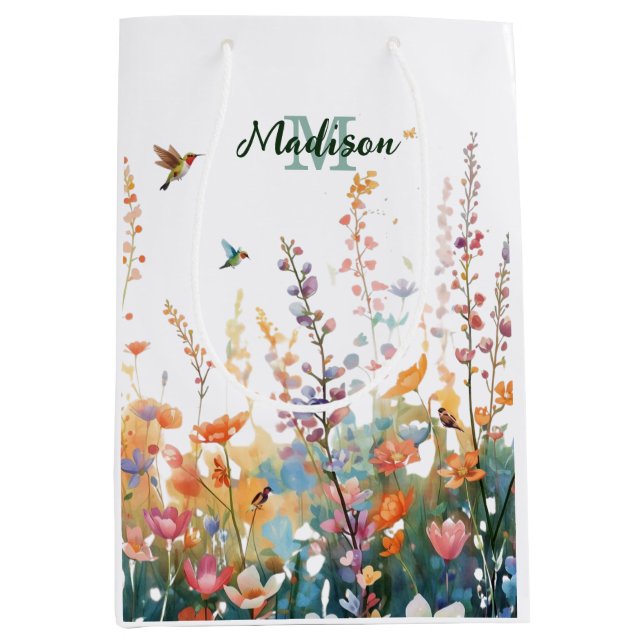 Aquarell-Wildblumen-Monogramm Personalisierter Nam Mittlere Geschenktüte (Vorderseite)