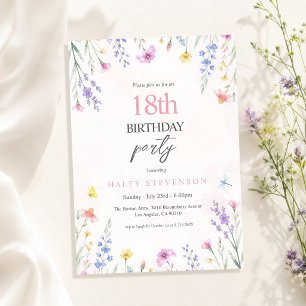 Aquarell-Wildblumen-Pastell-Blumen 18. Geburtstag Einladung