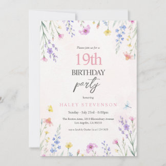 Aquarell-Wildblumen-Pastell-Blumen 19. Geburtstag Einladung