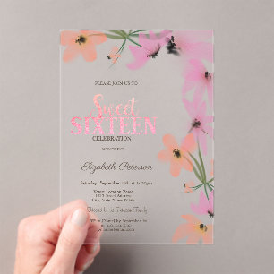 Aquarell-Wildblumen Rosa Boho-Blumen Sweet 16 Acryleinladungen