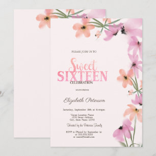 Aquarell-Wildblumen Rosa Boho-Blumen Sweet 16 Einladung