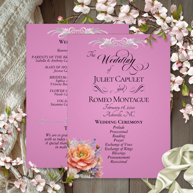 Aquarell-Wildblumen - Rosarote Hochzeit Programm (Von Creator hochgeladen)