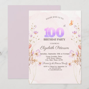 Aquarell-Wildblumen-Schmetterling 100. Geburtstag Einladung