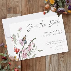 Aquarell-Wildblumen-Schmetterling Moderne Hochzeit Save The Date