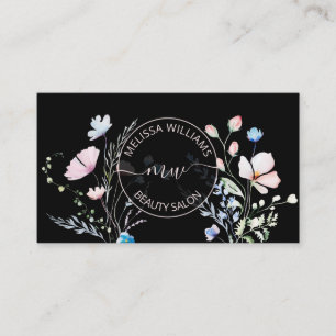 Aquarell-Wildblumen Schwarz-Mauve Visitenkarte