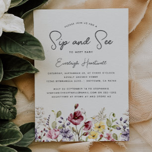 Aquarell-Wildblumen-Sip-and-See-Baby-Shower Einladung
