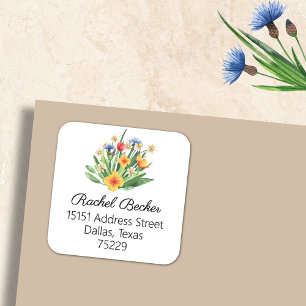 Aquarell-Wildblumen-Strauß Rücksendeadresse Quadratischer Aufkleber