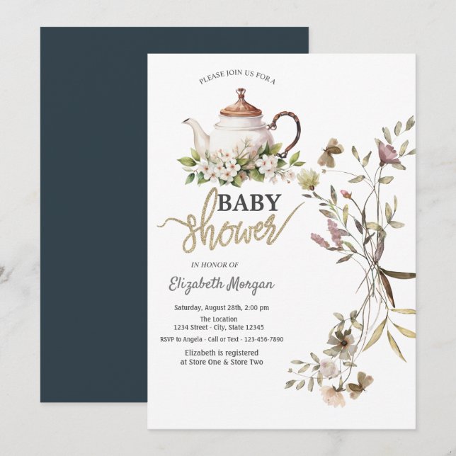 Aquarell-Wildblumen-Teekanne-Baby-Shower Einladung (Vorne/Hinten)